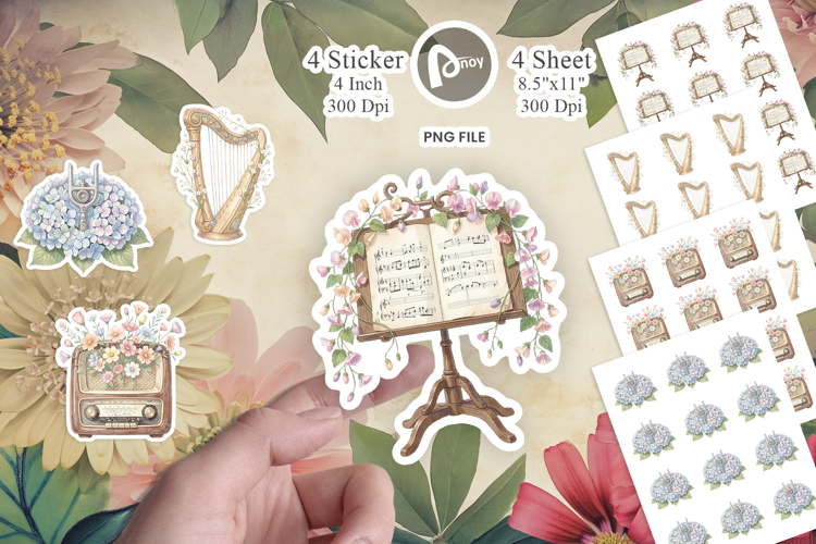 Vintage Music And Floral Sticker