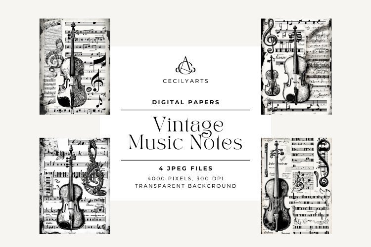 4 Vintage Music Notes Instruments Paper example image 1