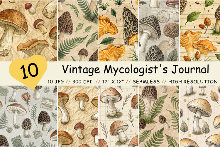 Vintage Mycologists Journal Seamless Pattern, Digital Paper