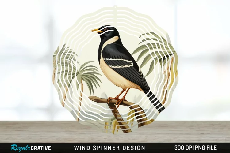 Vintage Myna Bird Spinner Sublimation Design PNG