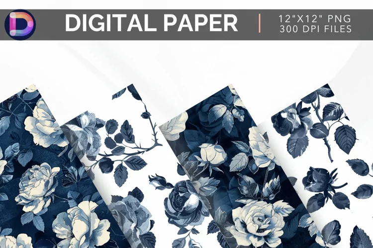Vintage Navy Roses Digital Paper