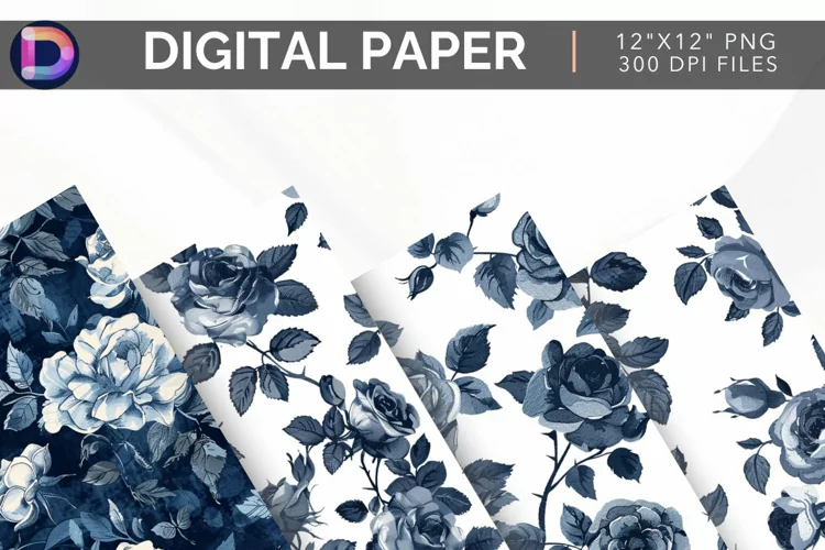 Vintage Navy Roses Digital Paper