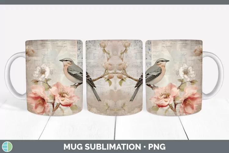 Vintage Nightingale Bird Mug Wrap | Sublimation Coffee Cup D