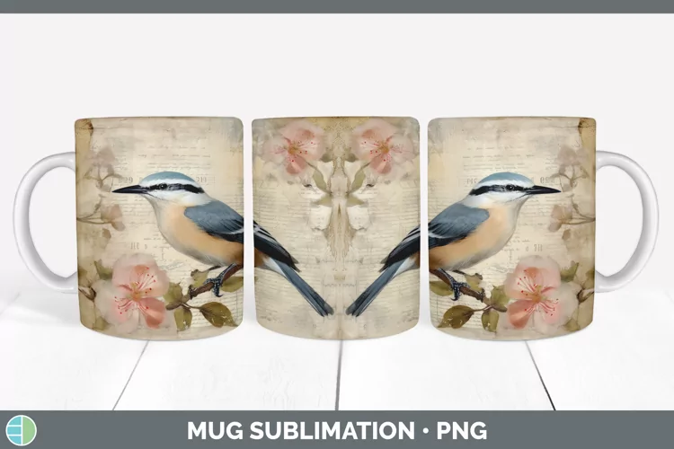 Vintage Nuthatch Bird Mug Wrap | Sublimation Coffee Cup Desi