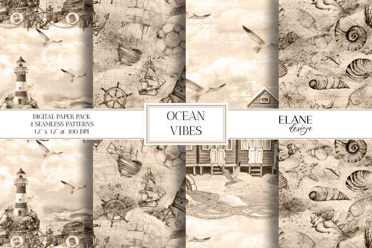 Vintage Nautical Digital Paper, Ocean Scrapbook Paper, Sepia