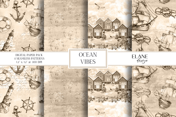 Sepia Nautical Digital Paper, Ocean Seamless Patterns