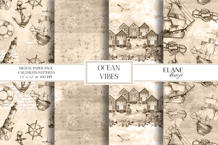 Sepia Nautical Digital Paper, Ocean Seamless Patterns