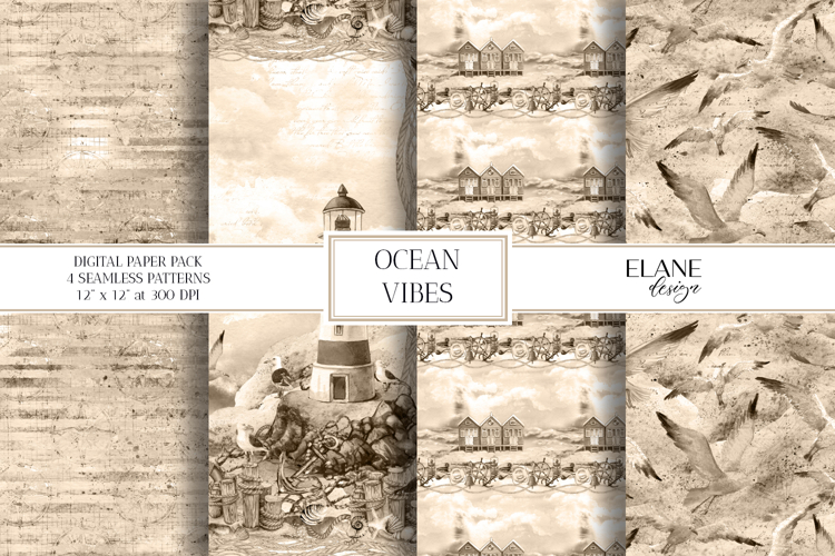 Vintage Nautical Digital Paper, Ocean Scrapbook Paper, Sepia