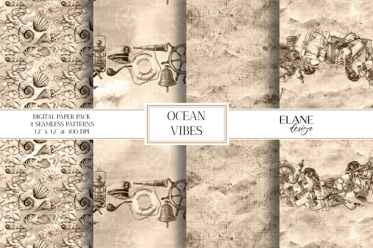 Sepia Nautical Digital Paper, Ocean Seamless Patterns