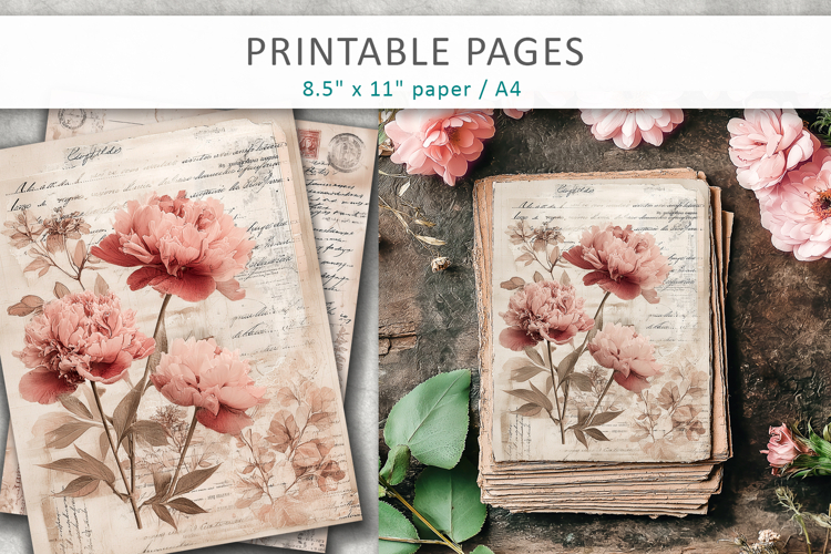 floral antique paper junk journal pages, vintage collage