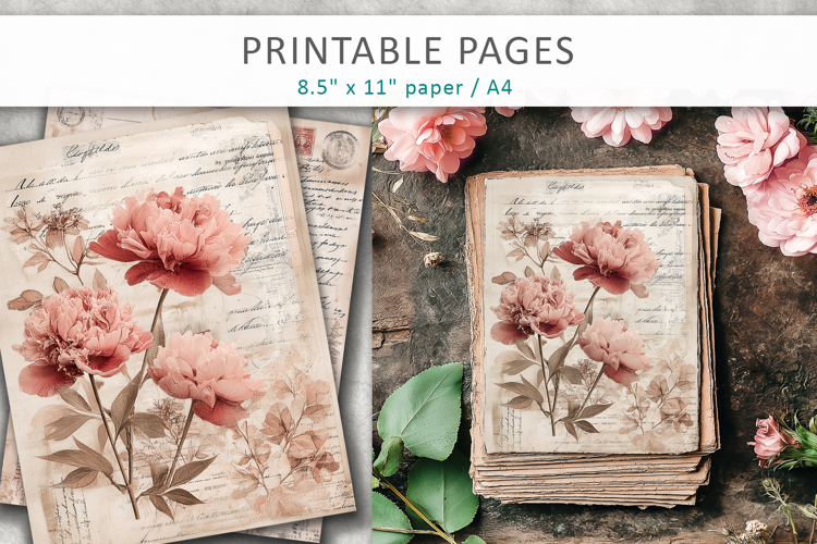 floral antique paper junk journal pages, vintage collage
