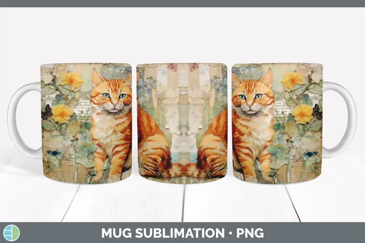 Vintage Orange Cat Mug Wrap | Sublimation Coffee Cup Designs