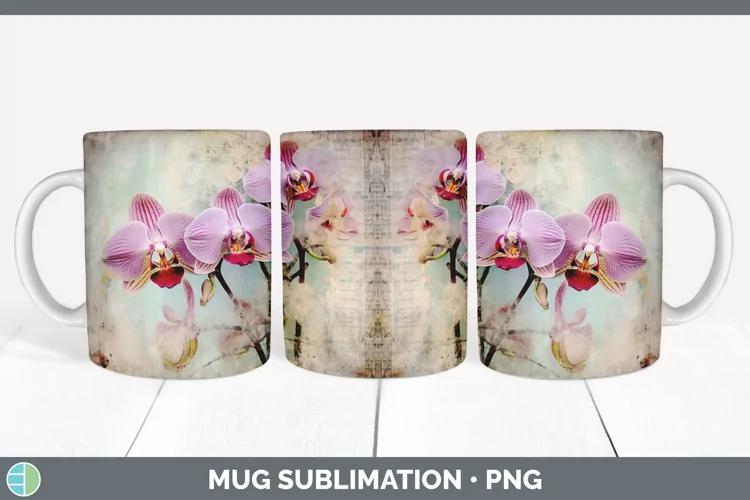 Vintage Orchid Flowers Mug Wrap | Sublimation Coffee Cup Des