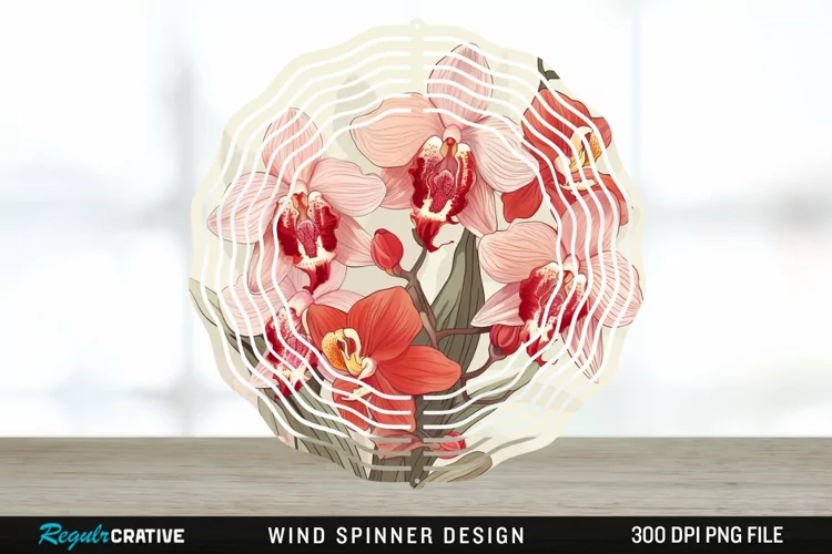 Vintage Orchid Flowers Wind Spinner Sublimation Design PNG