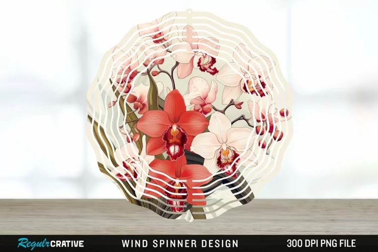 Vintage Orchid Flowers Wind Spinner Sublimation Design PNG