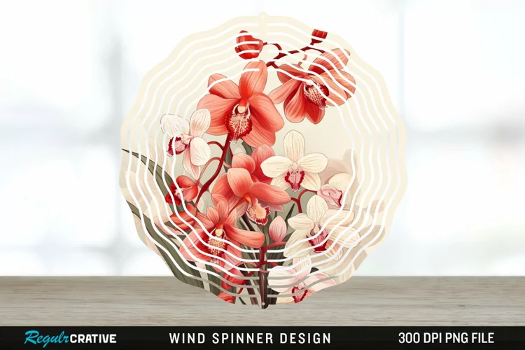 Vintage Orchid Flowers Wind Spinner Sublimation Design PNG