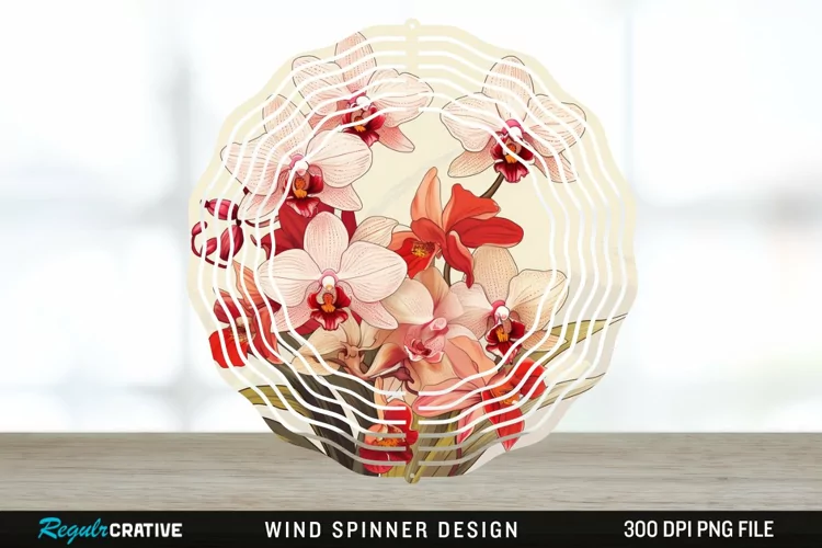 Vintage Orchid Flowers Wind Spinner Sublimation Design PNG