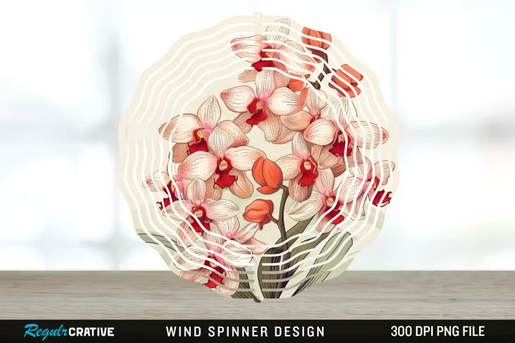 Vintage Orchid Flowers Wind Spinner Sublimation Design PNG