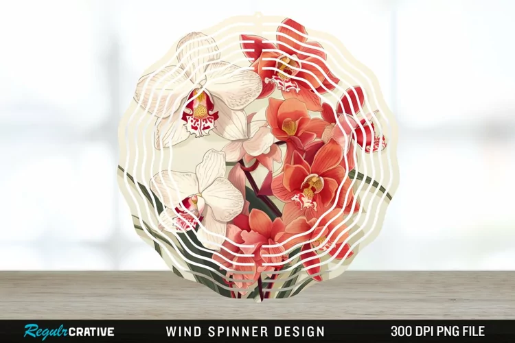 Vintage Orchid Flowers Wind Spinner Sublimation Design PNG