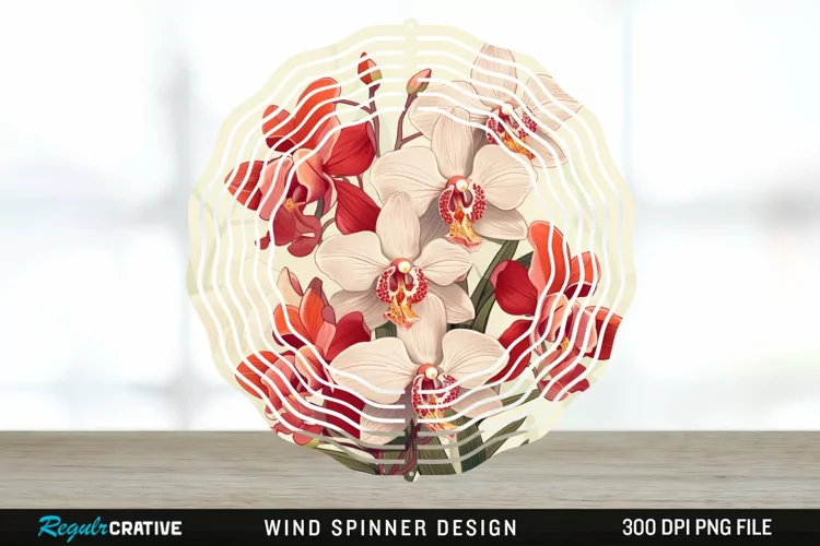 Vintage Orchid Flowers Wind Spinner Sublimation Design PNG