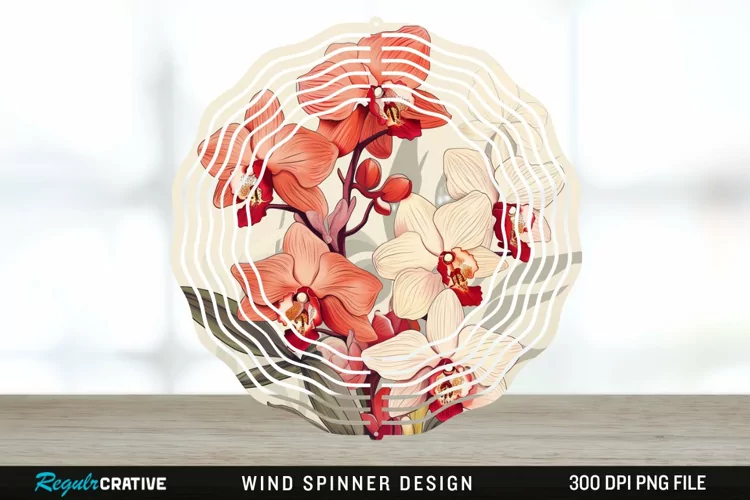 Vintage Orchid Flowers Wind Spinner Sublimation Design PNG