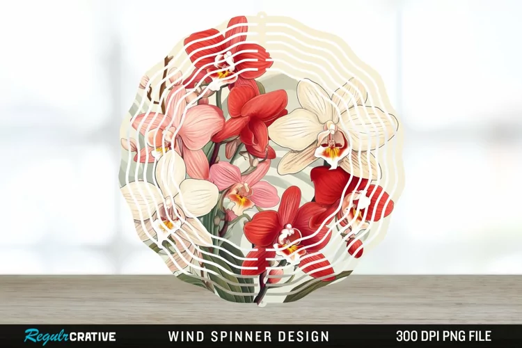 Vintage Orchid Flowers Wind Spinner Sublimation Design PNG
