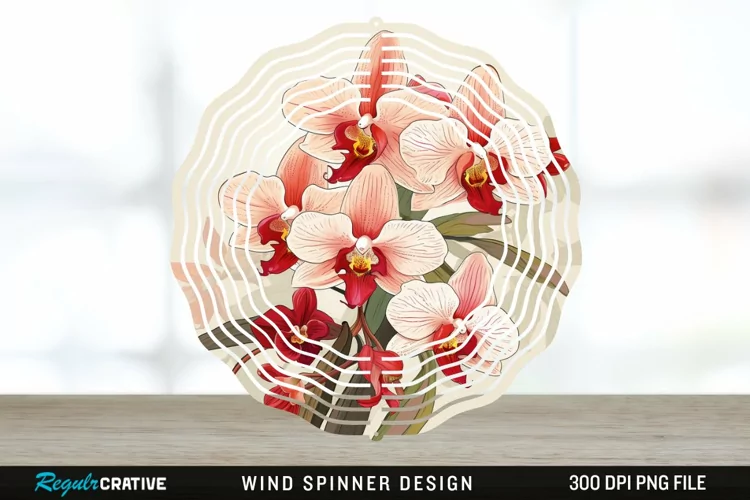 Vintage Orchid Flowers Wind Spinner Sublimation Design PNG