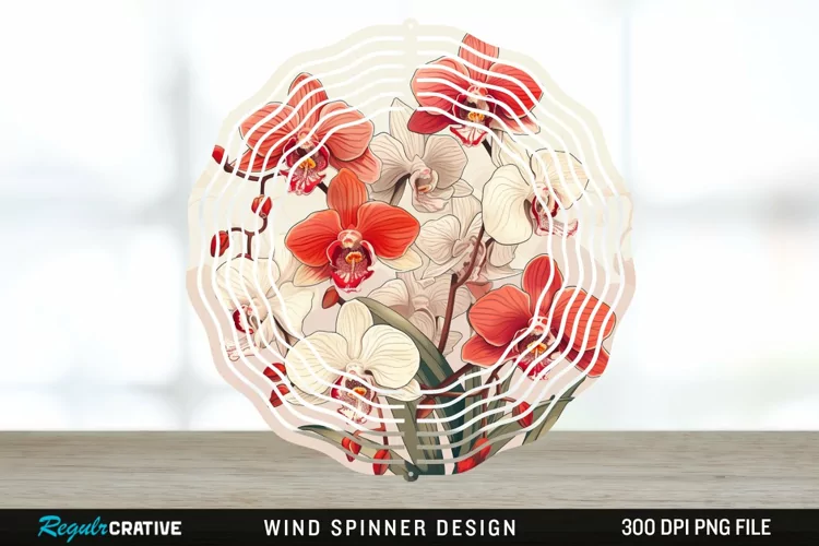 Vintage Orchid Flowers Wind Spinner Sublimation Design PNG