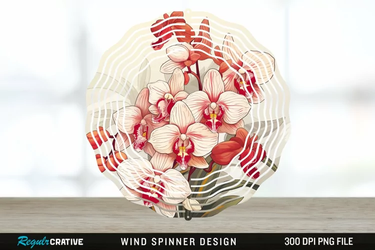 Vintage Orchid Flowers Wind Spinner Sublimation Design PNG