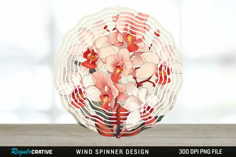 Vintage Orchid Flowers Wind Spinner Sublimation Design PNG