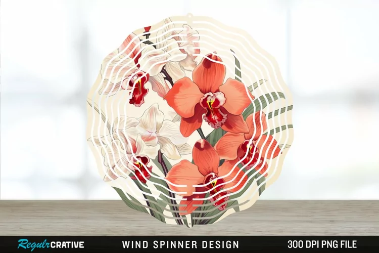Vintage Orchid Flowers Wind Spinner Sublimation Design PNG