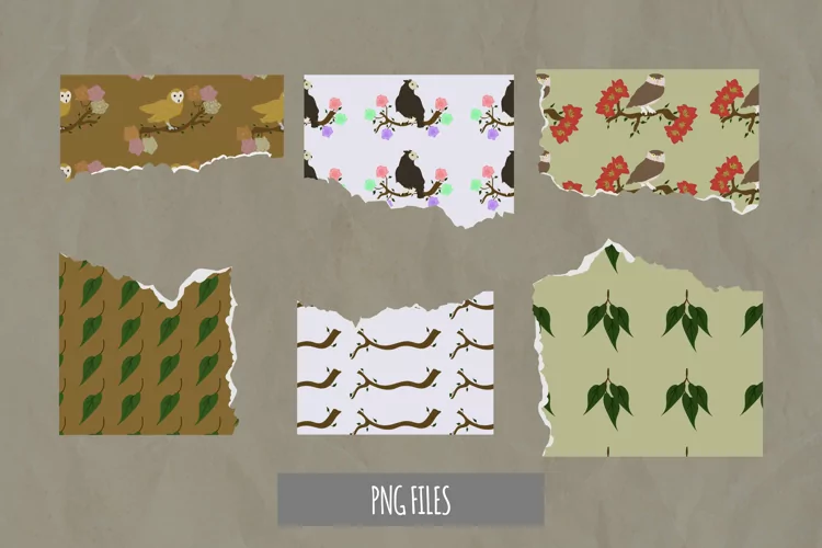 Vintage Owl and Flowers Pattern Torn Paper