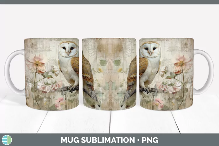 Vintage Owl Bird Mug Wrap | Sublimation Coffee Cup Designs