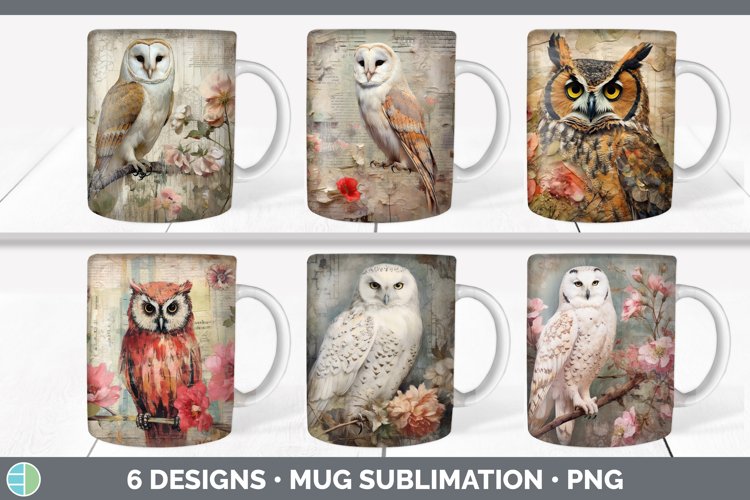 Bundle of six Decoupage Owls Mug Wrap designs.
