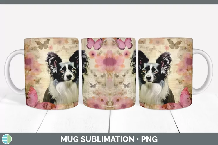 Vintage Papillon Dog Mug Wrap | Sublimation Coffee Cup Desig