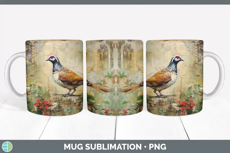 Vintage Partridge Bird Mug Wrap | Sublimation Coffee Cup Des