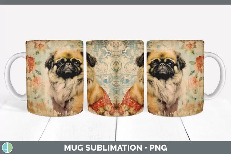 Vintage Pekingese Dog Mug Wrap | Sublimation Coffee Cup Desi