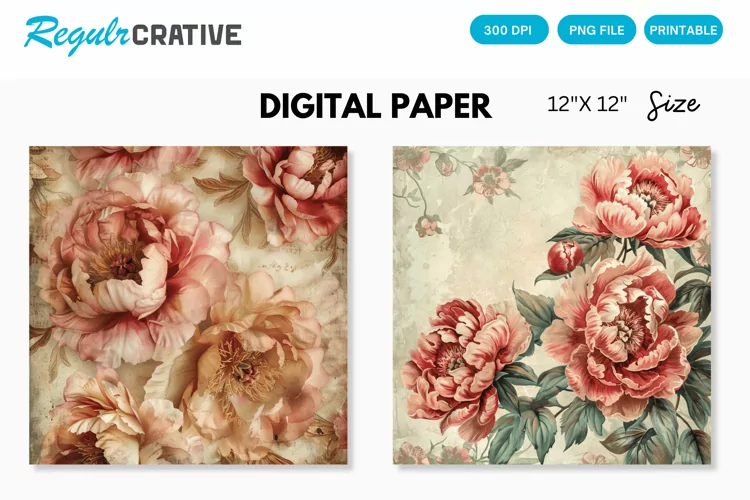Vintage Peonies Flowers Seamless Digital Paper