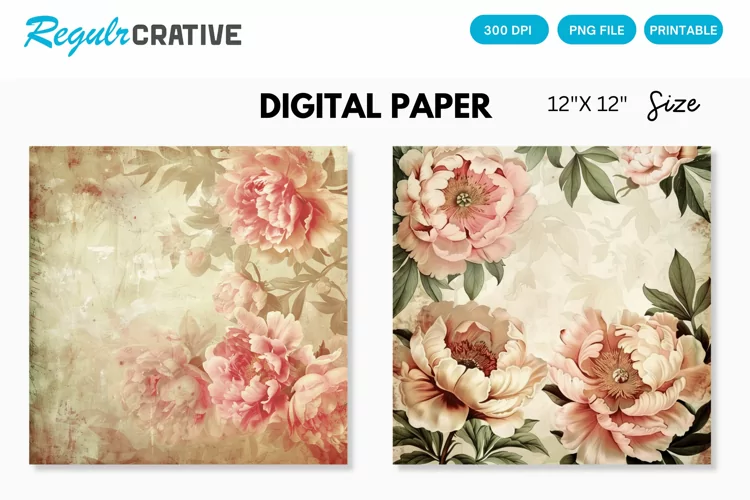 Vintage Peonies Flowers Seamless Digital Paper