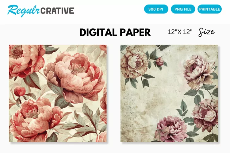Vintage Peonies Flowers Seamless Digital Paper