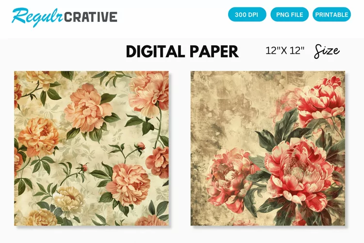 Vintage Peonies Flowers Seamless Digital Paper