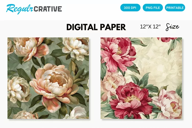 Vintage Peonies Flowers Seamless Digital Paper
