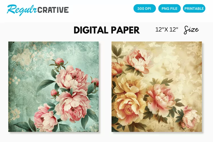Vintage Peonies Flowers Seamless Digital Paper