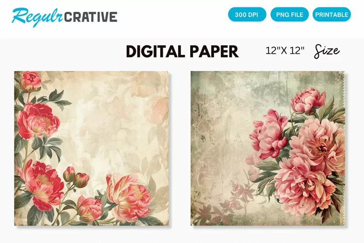 Vintage Peonies Flowers Seamless Digital Paper