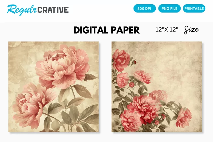 Vintage Peonies Flowers Seamless Digital Paper
