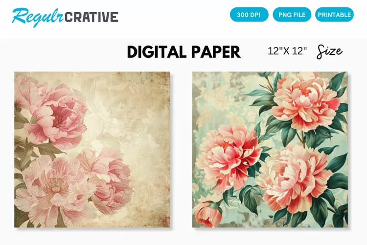 Vintage Peonies Flowers Seamless Digital Paper