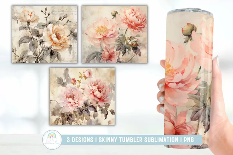 Vintage Shabby Chic Peony Tumbler Sublimation I Tumbler Wrap