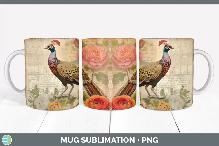 Vintage Pheasant Bird Mug Wrap | Sublimation Coffee Cup Desi