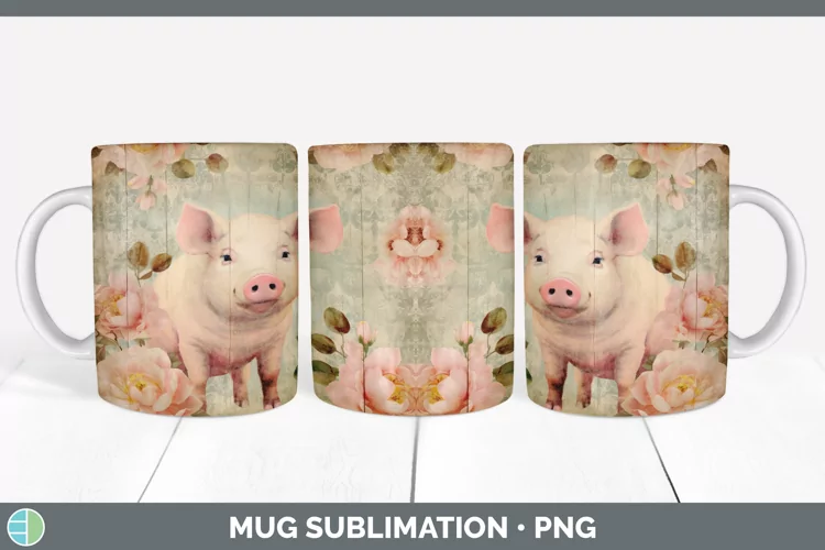 Vintage Pig Mug Wrap | Sublimation Coffee Cup Designs