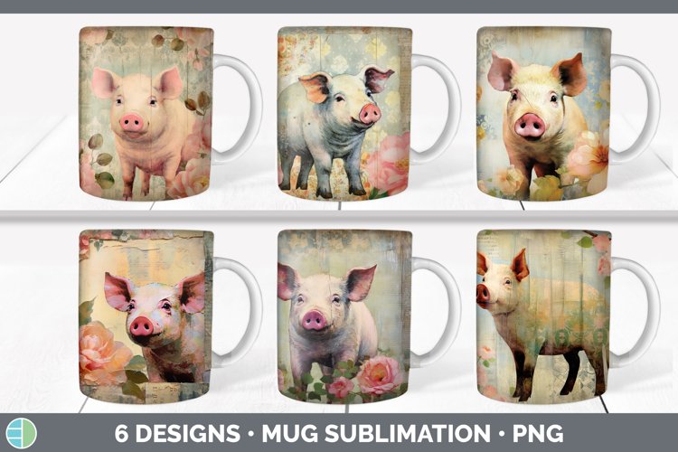 Vintage Pig Mug Wrap | Sublimation Coffee Cup Designs Bundle